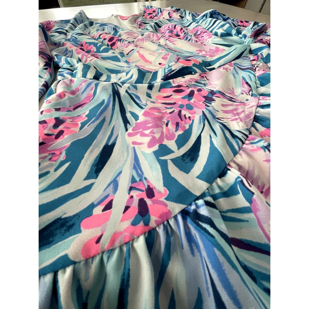 Lilly Pulitzer Size M Laeda Dress Blue Pink Mini Stretch Wedding Cocktail Ruffle - Picture 6 of 16